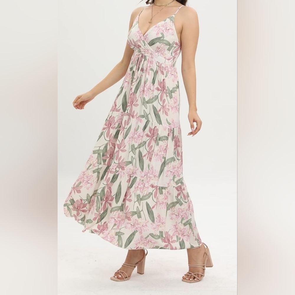 Floral Pink and Green Maxi Dress